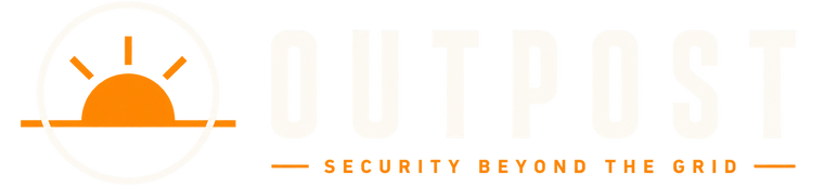 A logo-style graphic with an orange rising sun icon on the left, large faint white text reading 'OUTPOST' across the center, and smaller orange text reading 'SECURITY BEYOND THE GRID' below on a black background.